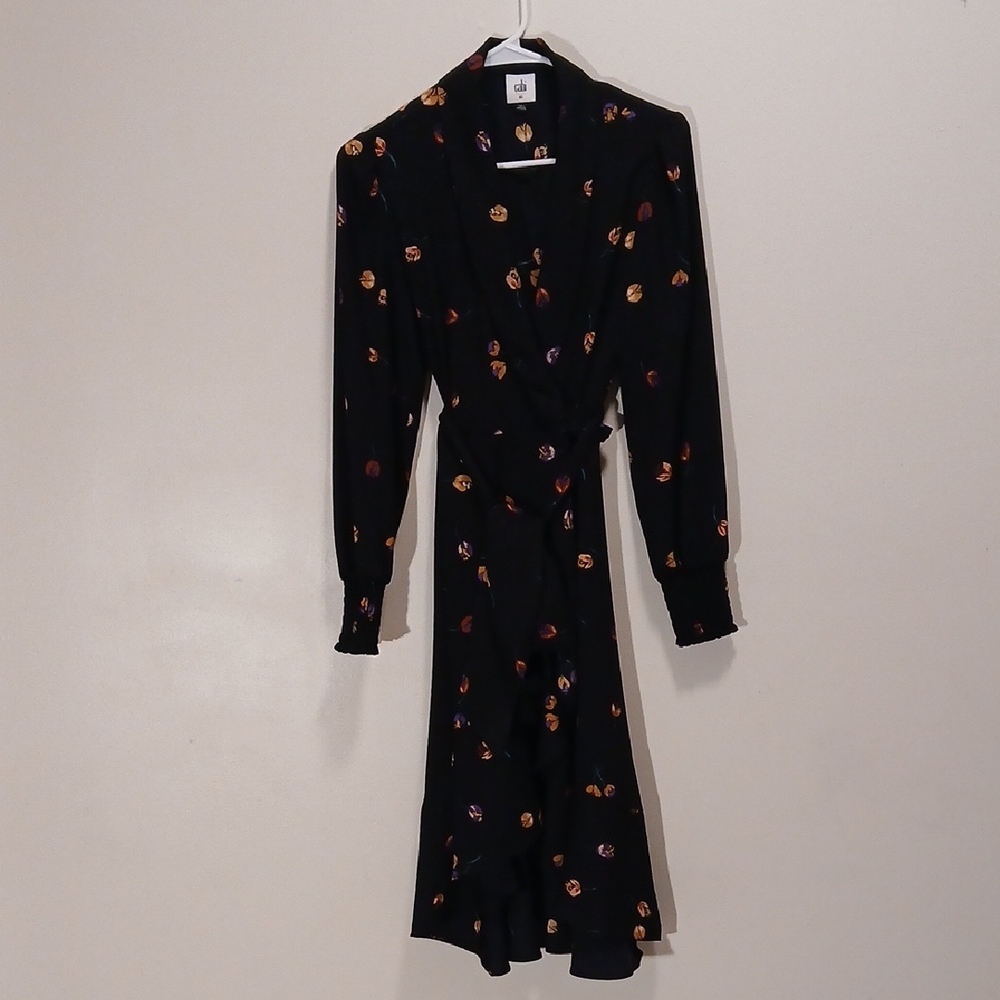 CAbi Black Wrap Around Dress with Colorful Floral Accents